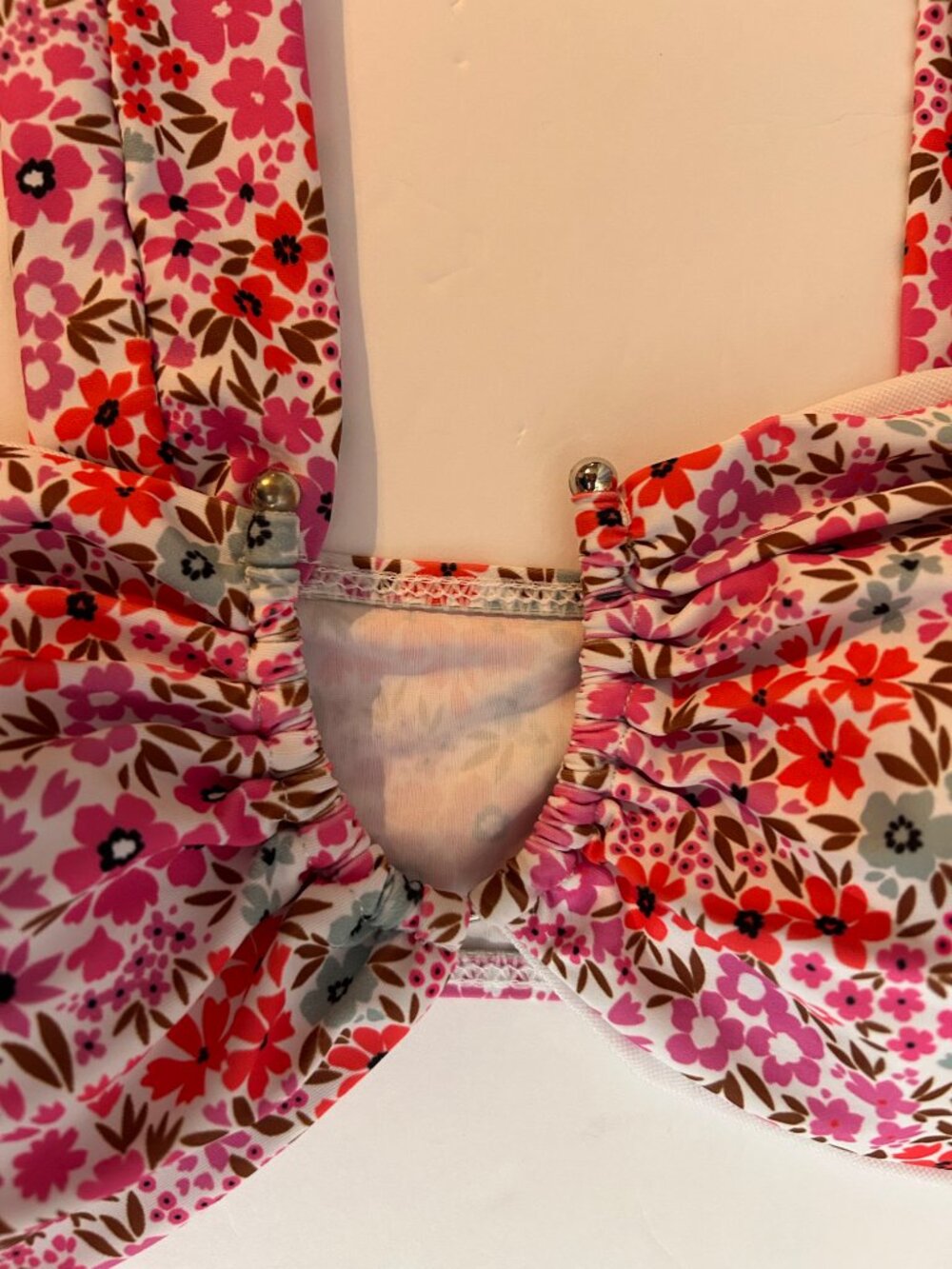 Floral Bikini Size L Pink Orange High-Waisted Ruched Top Retro Cottagecore NWOT - Picture 9 of 13